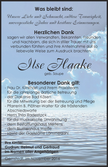 Traueranzeige von Ilse Haake von WVG - Wochenspiegel NMB / WSF / ZTZ