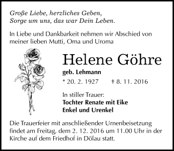 Traueranzeige von Helene Göhre von Mitteldeutsche Zeitung Halle/Saalkreis
