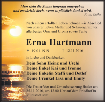 Traueranzeige von Erna Hartmann von Mitteldeutsche Zeitung Dessau-Roßlau