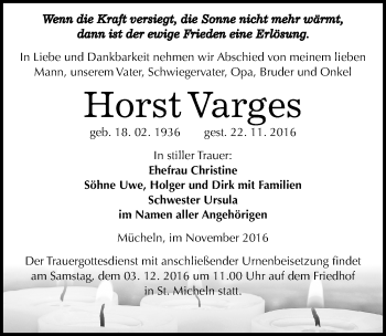 Traueranzeige von Horst Varges von Mitteldeutsche Zeitung Merseburg/Querfurt