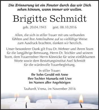 Traueranzeige von Brigitte Schmidt von WVG - Wochenspiegel NMB / WSF / ZTZ