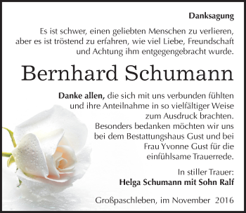 Traueranzeige von Bernhard Schumann von Mitteldeutsche Zeitung Köthen