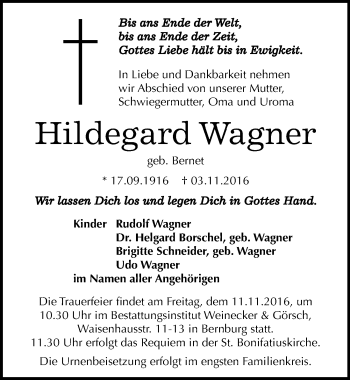 Traueranzeige von Hildegard Wagner von Mitteldeutsche Zeitung Bernburg