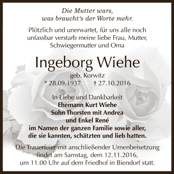 Traueranzeige von Ingeborg Wiehe von Super Sonntag Bernburg