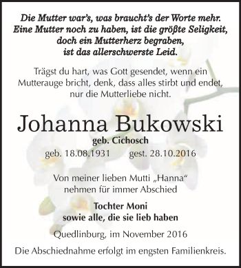 Traueranzeige von Johanna Bukowski von WVG - Wochenspiegel Quedlinburg