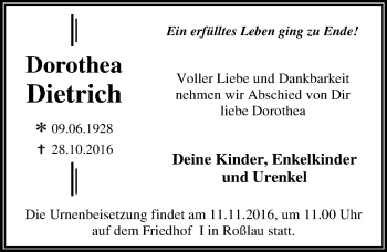 Traueranzeige von Dorothea Dietrich von Mitteldeutsche Zeitung Dessau-Roßlau