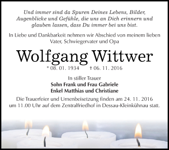 Traueranzeige von Wolfgang Wittwer von WVG - Wochenspiegel Dessau / Köthen