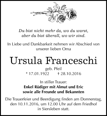Traueranzeige von Ursula Franceschi von Mitteldeutsche Zeitung Mansfelder Land