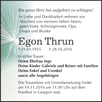 Traueranzeige von Egon Thrun von WVG - Wochenspiegel Bitterfeld