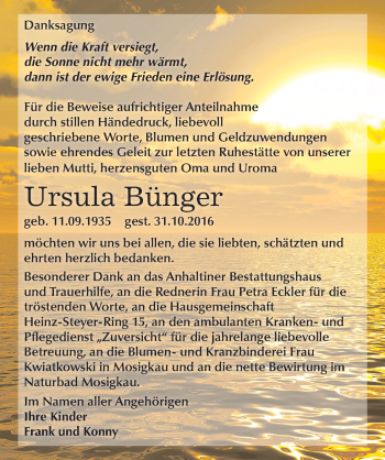 Traueranzeige von Ursula Bünger von Mitteldeutsche Zeitung Dessau-Roßlau