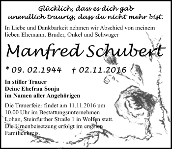 Traueranzeige von Manfred Schubert von Mitteldeutsche Zeitung Bitterfeld