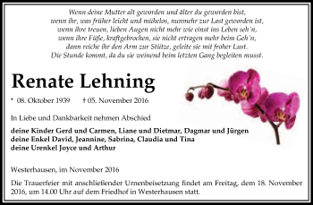 Traueranzeige von Renate Lehning von Super Sonntag Quedlinburg