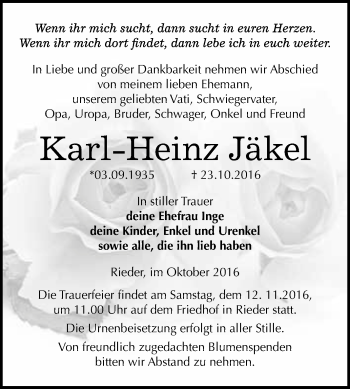 Traueranzeige von Karl-Heinz Jäkel von WVG - Wochenspiegel Quedlinburg