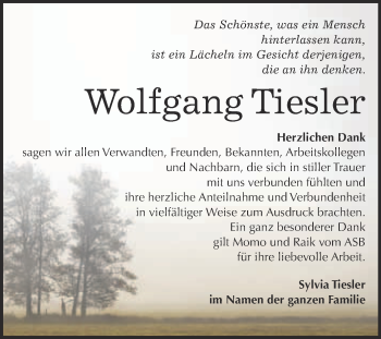 Traueranzeige von Wolfgang Tiesler von Super Sonntag Merseburg