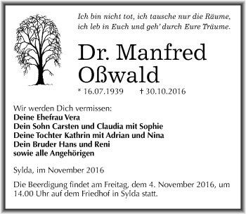 Traueranzeige von Manfred Oßwald von Mitteldeutsche Zeitung Mansfelder Land