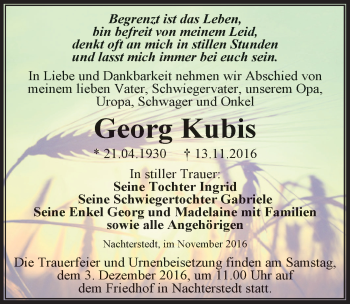 Traueranzeige von Georg Kubis von Mitteldeutsche Zeitung Aschersleben