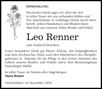 Traueranzeige von Leo Renner von Mitteldeutsche Zeitung Aschersleben