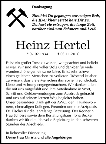 Traueranzeige von Heinz Hertel von Mitteldeutsche Zeitung Sangerhausen