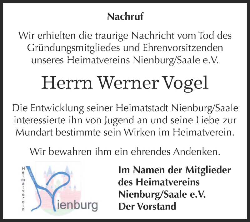  Traueranzeige für Werner Vogel vom 12.11.2016 aus Super Sonntag Bernburg