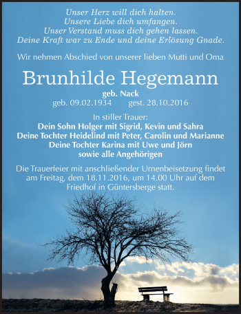 Traueranzeige von Brunhilde Hegemann von Mitteldeutsche Zeitung Quedlinburg