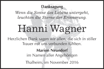 Traueranzeige von Hanni Wagner von WVG - Wochenspiegel Bitterfeld