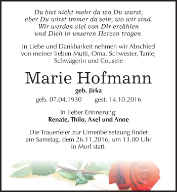 Traueranzeige von Marie Hofmann von Mitteldeutsche Zeitung Halle/Saalkreis