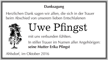 Traueranzeige von Uwe Pfingst von Super Sonntag SGH Mansf. Land
