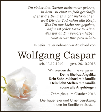 Traueranzeige von Wolfgang Caspar von WVG - Wochenspiegel Dessau / Köthen