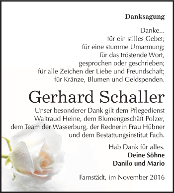 Traueranzeige von Gerhard Schaller von WVG - Wochenspiegel Merseburg
