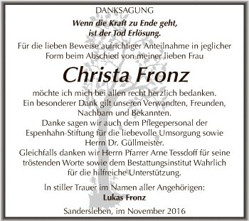 Traueranzeige von Christa Fronz von Wochenspiegel Mansfelder Land