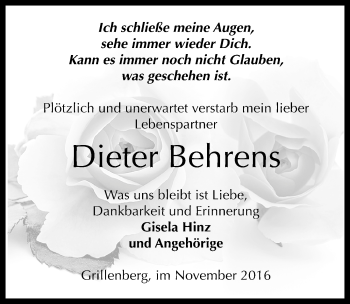 Traueranzeige von Dieter Behrens von Mitteldeutsche Zeitung Sangerhausen
