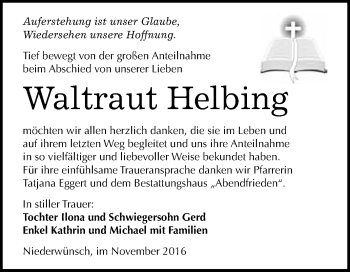 Traueranzeige von Waltraut Helbing von WVG - Wochenspiegel Merseburg