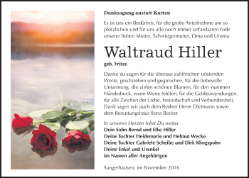 Traueranzeige von Waltraud Hiller von Mitteldeutsche Zeitung Sangerhausen