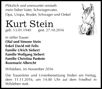 Traueranzeige von Kurt Stein von Mitteldeutsche Zeitung Aschersleben