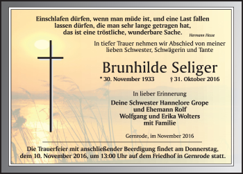Traueranzeige von Brunhilde Seliger von Mitteldeutsche Zeitung Quedlinburg