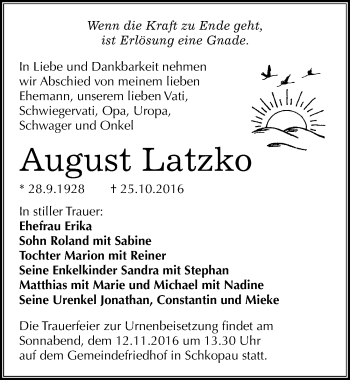 Traueranzeige von August Latzko von Mitteldeutsche Zeitung Merseburg/Querfurt
