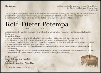 Traueranzeige von Rolf-Dieter Potempa von Super Sonntag SGH Mansf. Land