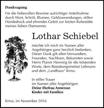 Traueranzeige von Lothar Schiebel von Mitteldeutsche Zeitung Bitterfeld