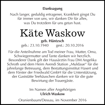 Traueranzeige von Käte Waskow von Super Sonntag Wittenberg