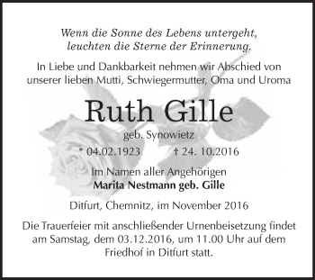 Traueranzeige von Ruth Gille von WVG - Wochenspiegel Quedlinburg