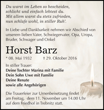 Traueranzeige von Horst Barz von WVG - Wochenspiegel NMB / WSF / ZTZ