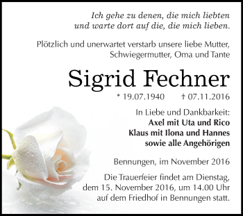 Traueranzeige von Sigrid Fechner von Super Sonntag SGH Mansf. Land