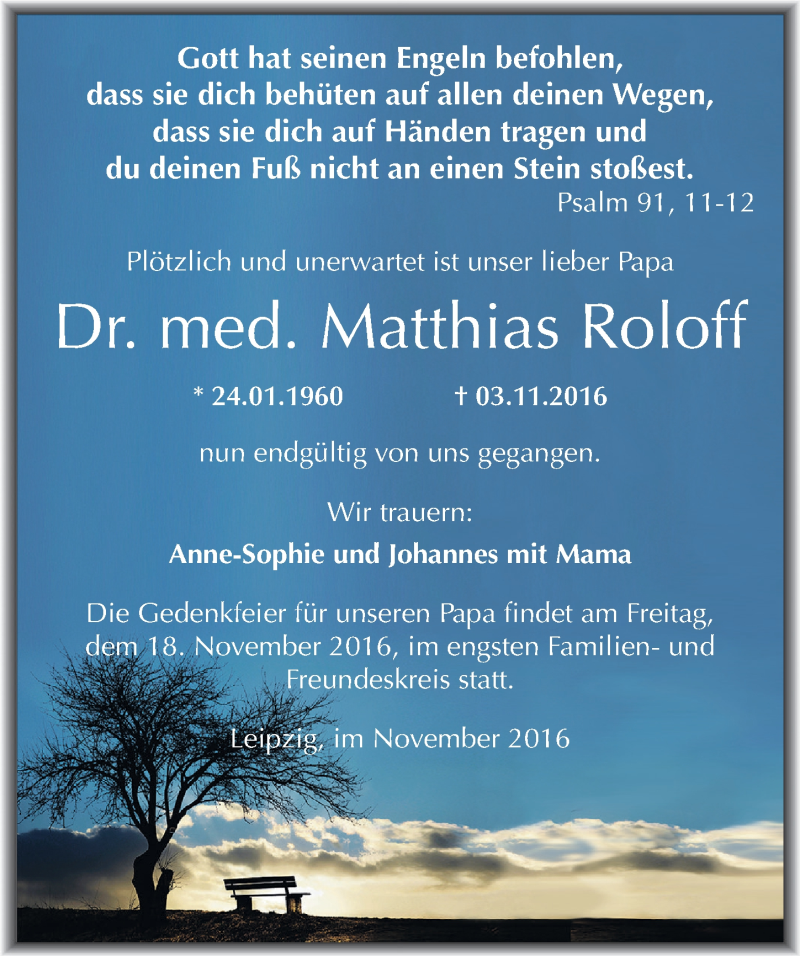  Traueranzeige für Matthias Roloff vom 12.11.2016 aus Mitteldeutsche Zeitung Mansfelder Land