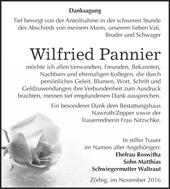 Traueranzeige von Wilfried Pannier von WVG - Wochenspiegel Bitterfeld