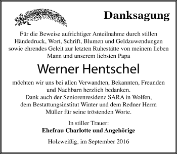 Traueranzeige von Werner Hentschel von Mitteldeutsche Zeitung Bitterfeld