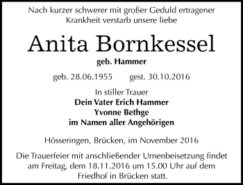 Traueranzeige von Anita Bornkessel von Mitteldeutsche Zeitung Sangerhausen