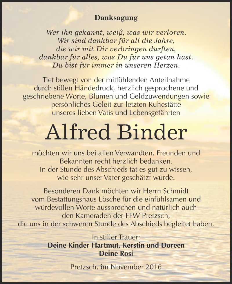  Traueranzeige für Alfred Binder vom 12.11.2016 aus WVG - Wochenspiegel Wittenberg