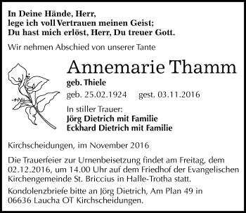 Traueranzeige von Annemarie Thamm von Mitteldeutsche Zeitung Halle/Saalkreis
