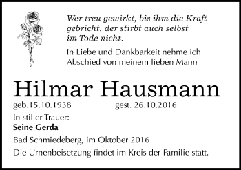 Traueranzeige von Hilmar Hausmann von Mitteldeutsche Zeitung Wittenberg