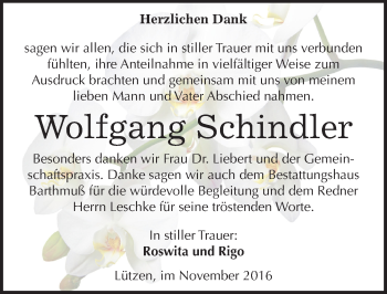 Traueranzeige von Wolfgang Schindler von Mitteldeutsche Zeitung Weißenfels